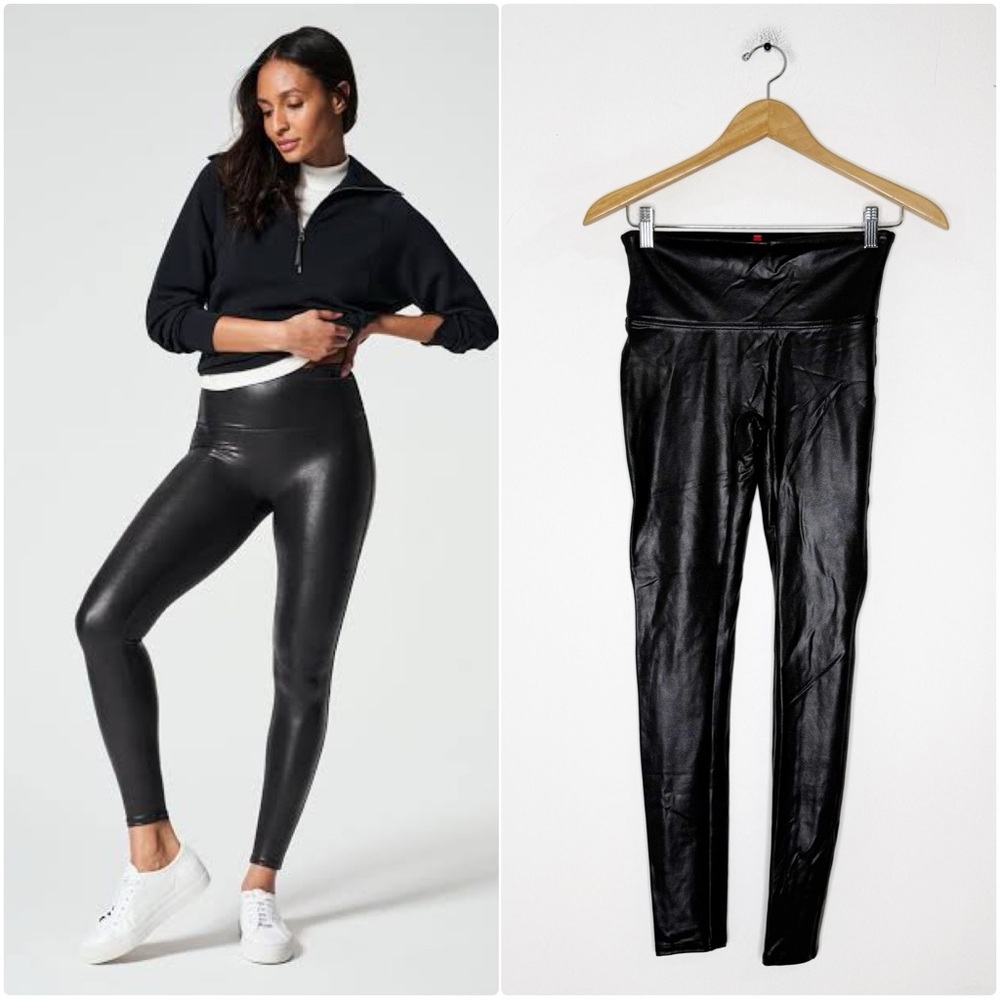 SPANX Faux Leather Leggings Medium Black High Rise Shaping